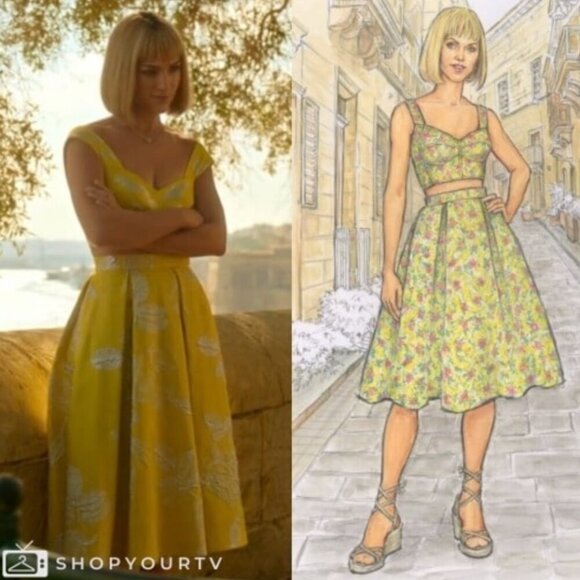 Mandi Line Jacquard Dress Lace Up Top Midi Skirt Set Embellished Yellow XS/S - Picture 5 of 15